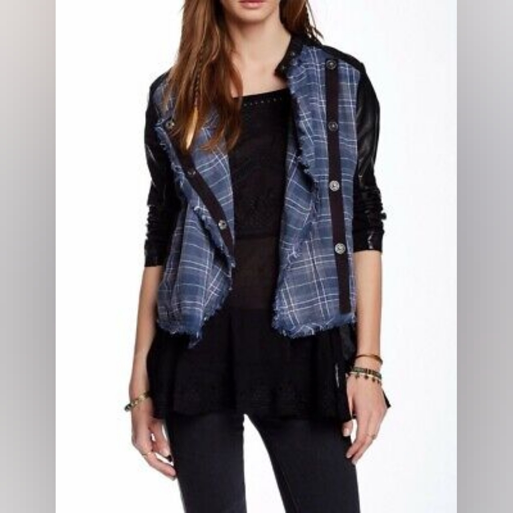 Free People Vegan Faux Leather Plaid Moto Jacket